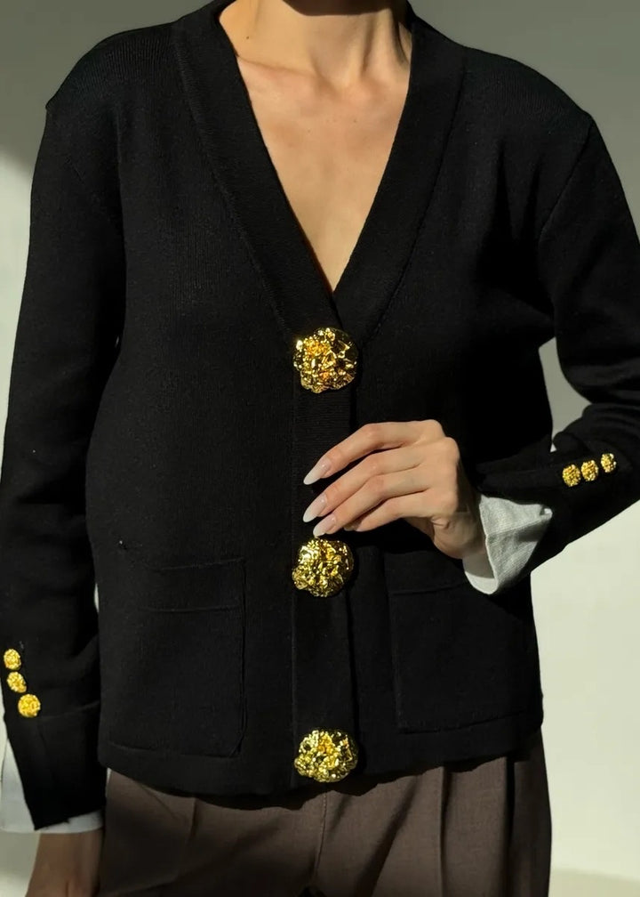 Golden Buttons Contrast Cuffs Cardigan