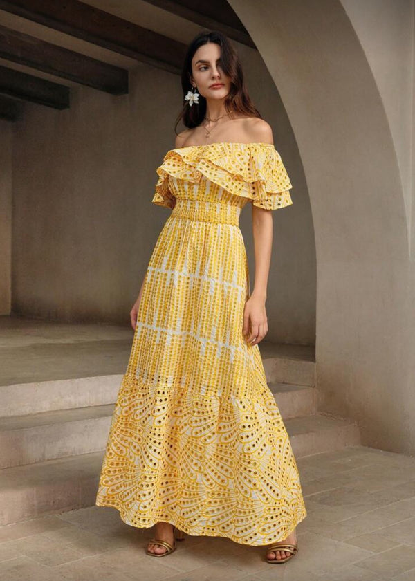 Eyelet Ruffle Maxi Off Shoulder Dress