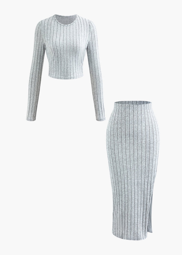 Rib Knit Long-Sleeved Top And Slit Skirt Set