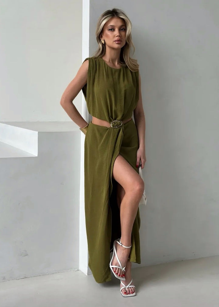 Buckle Detail Cutout Sleeveless Maxi Dress