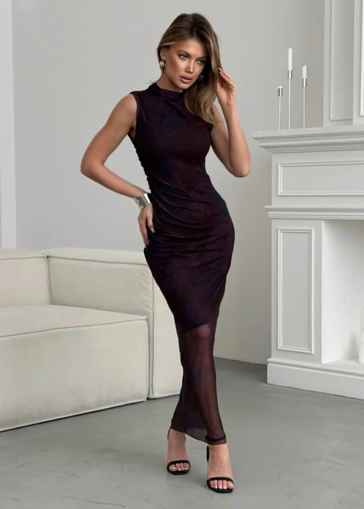 Sleeveless Maxi Dress with Ruched Sides and Tie‑Dye Print