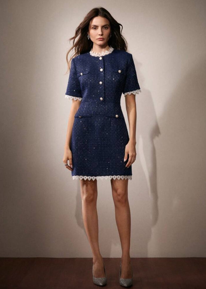 Tweed Button Front Lace Trim Mini Dress