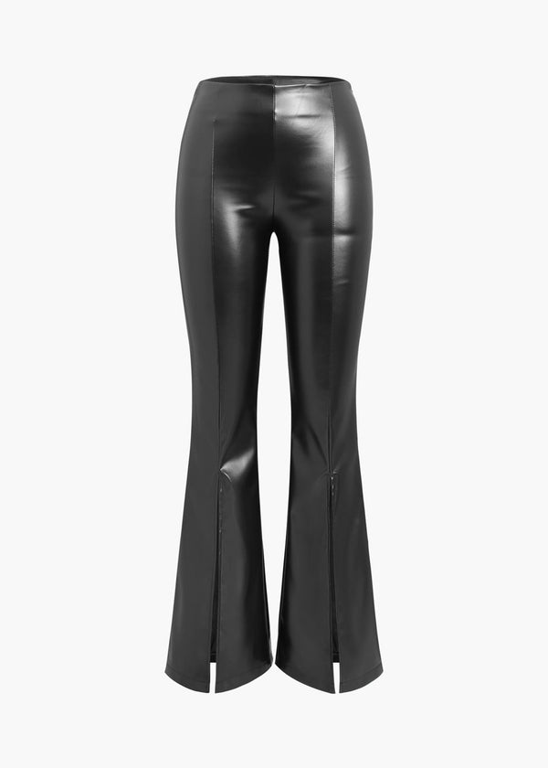 Faux Leather Front Slit Flare Pants