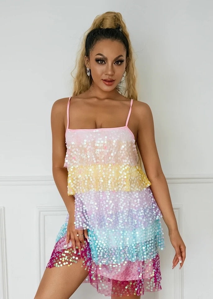 Multicolor Layered Sequin Cami Mini Dress