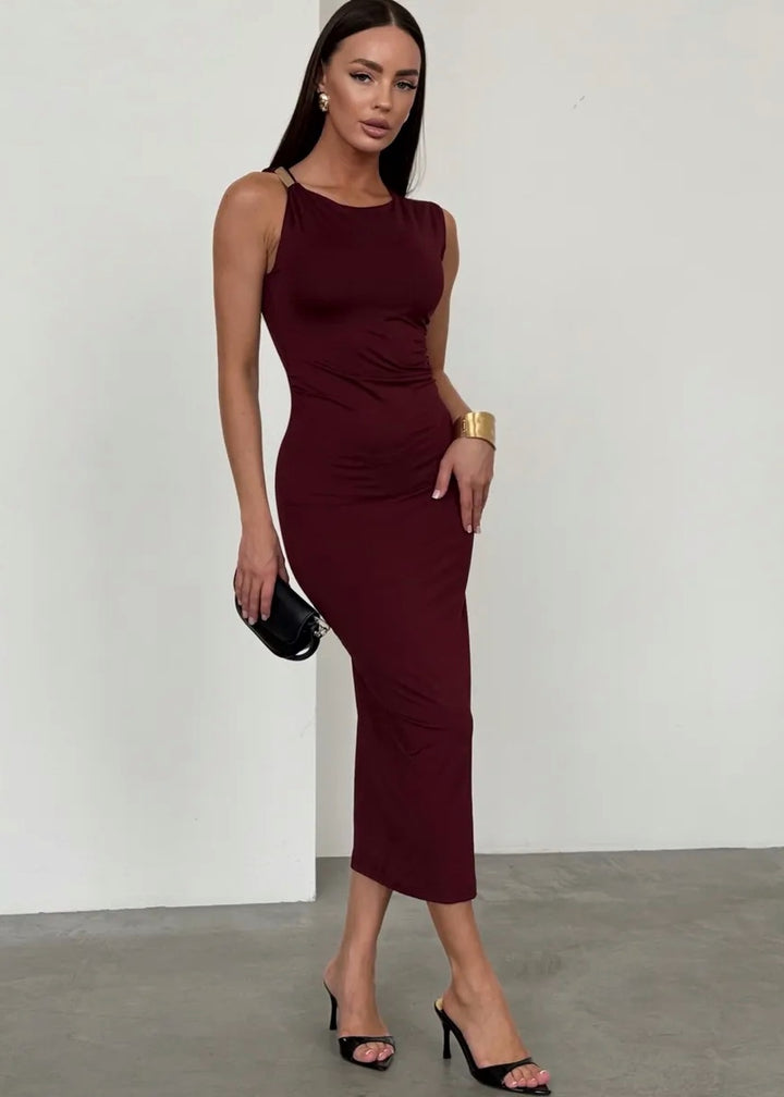 Draped Midi Dress with Gold Accent