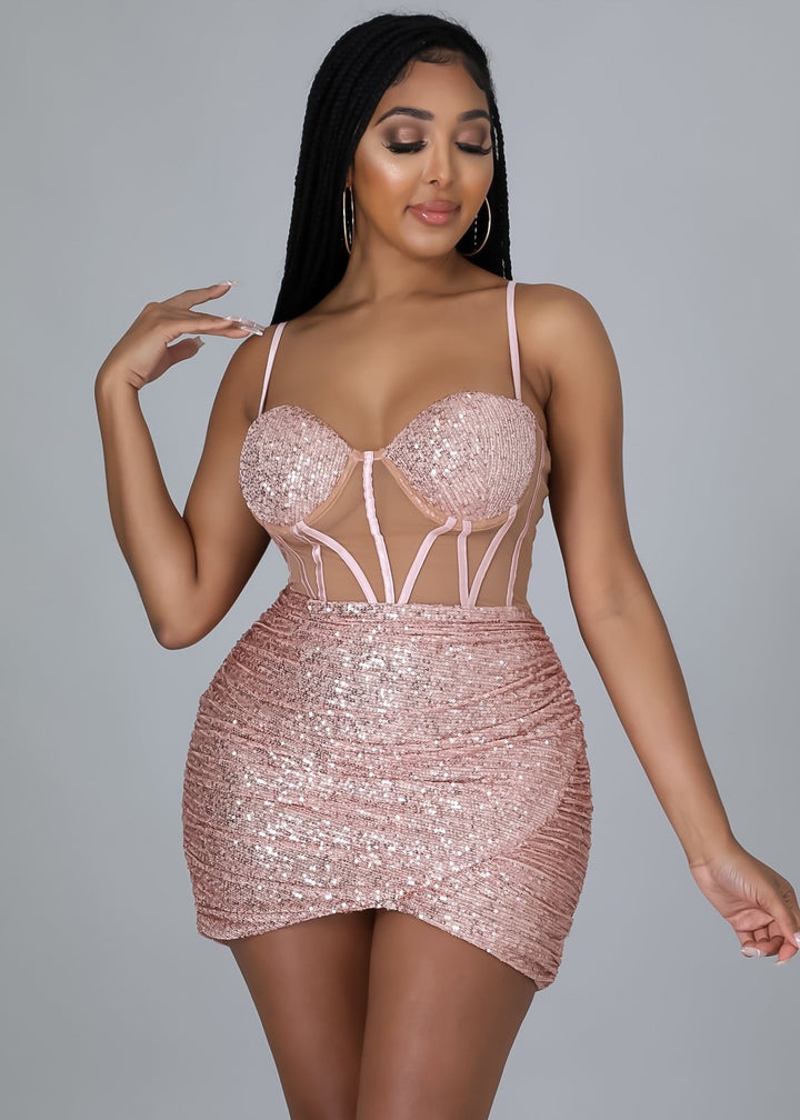 Mesh Insert Sequin Ruched Detail Bustier Cami Bodycon Dress