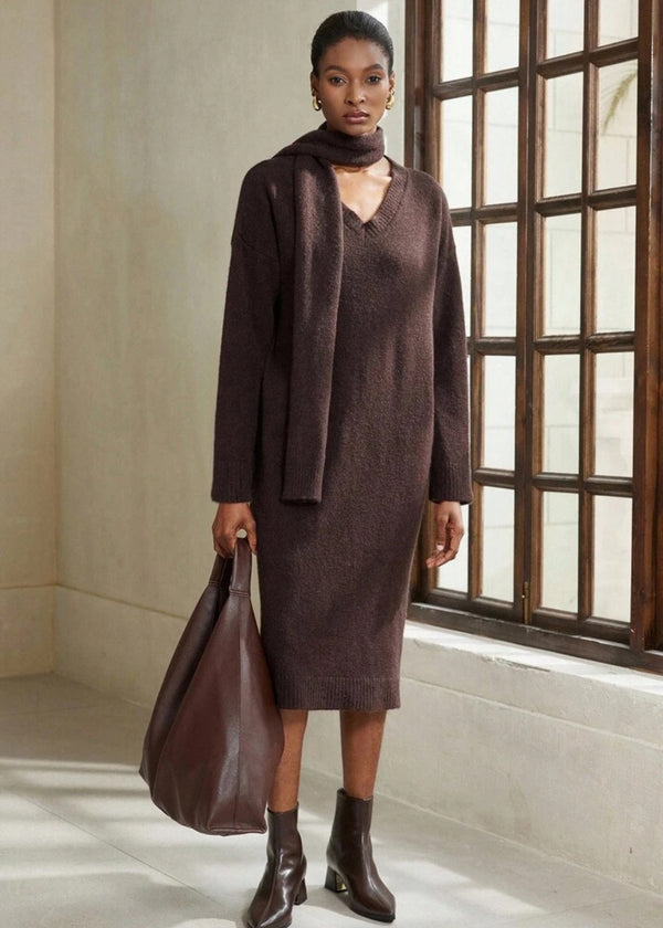 V-Neck Long Sleeve Knit Dress with Scarf