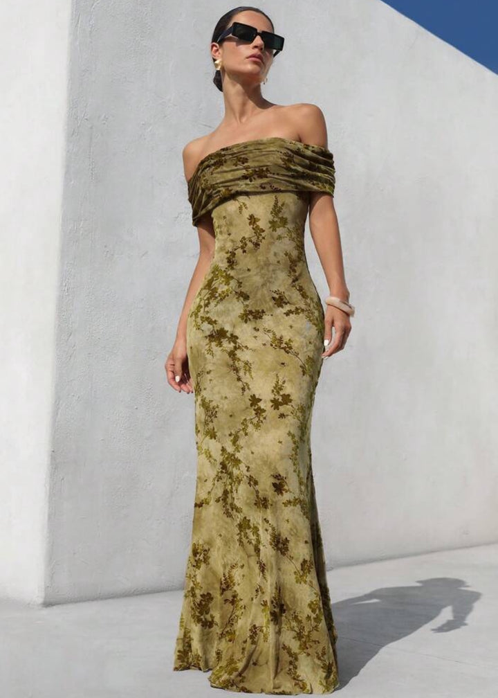 Floral Print Ruched Off-Shoulder Gown
