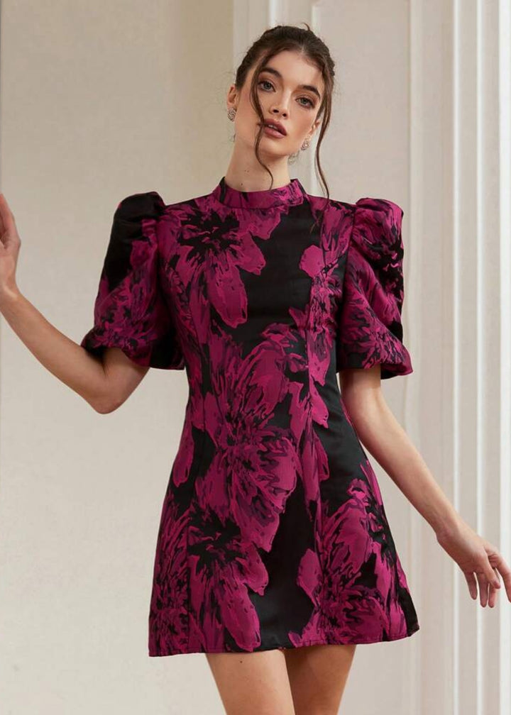 Jacquard Puff Sleeve Mock Neck Dres