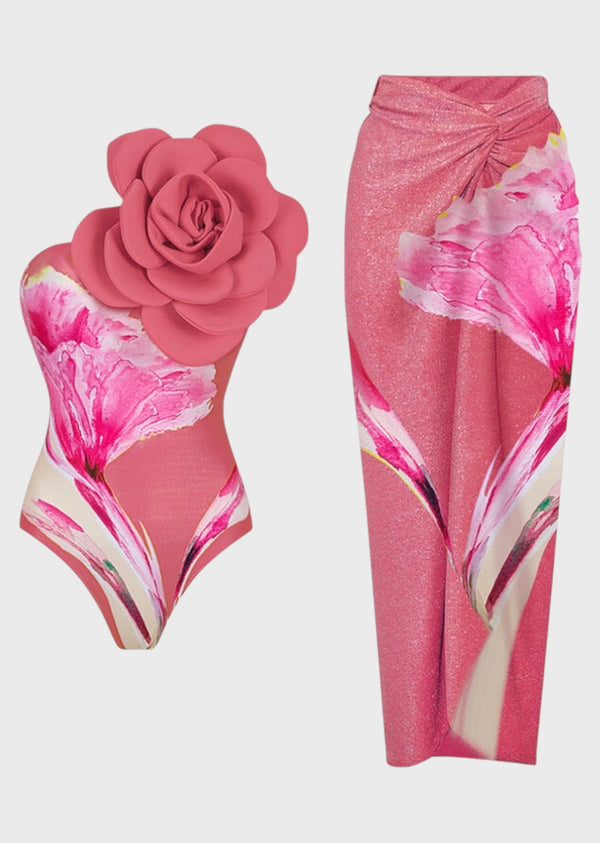 3D Big Flower Decor Floral Print Swimsuit & Cover-Up Wrap Skirt in Hot Pink