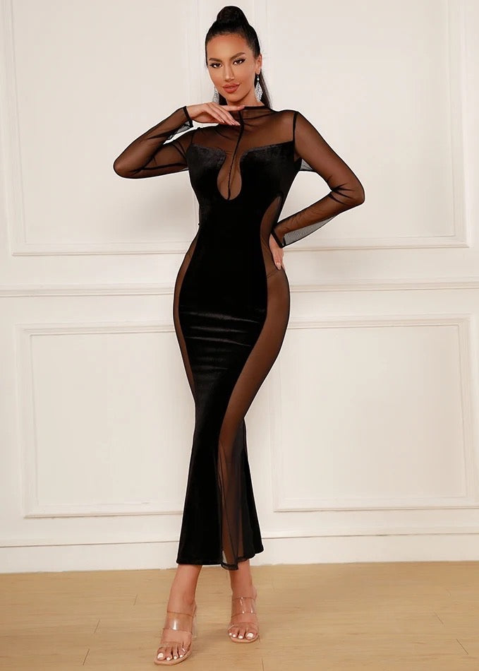 Mesh Insert Long Sleeved Velvet Maxi Dress