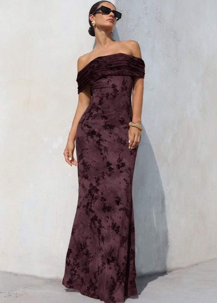Floral Print Ruched Off-Shoulder Gown