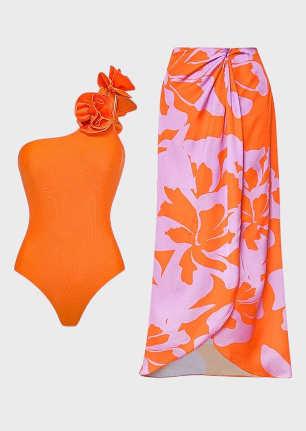 One Shoulder 3D Flower Decor One-Piece Swimsuit & Colorful Skirt