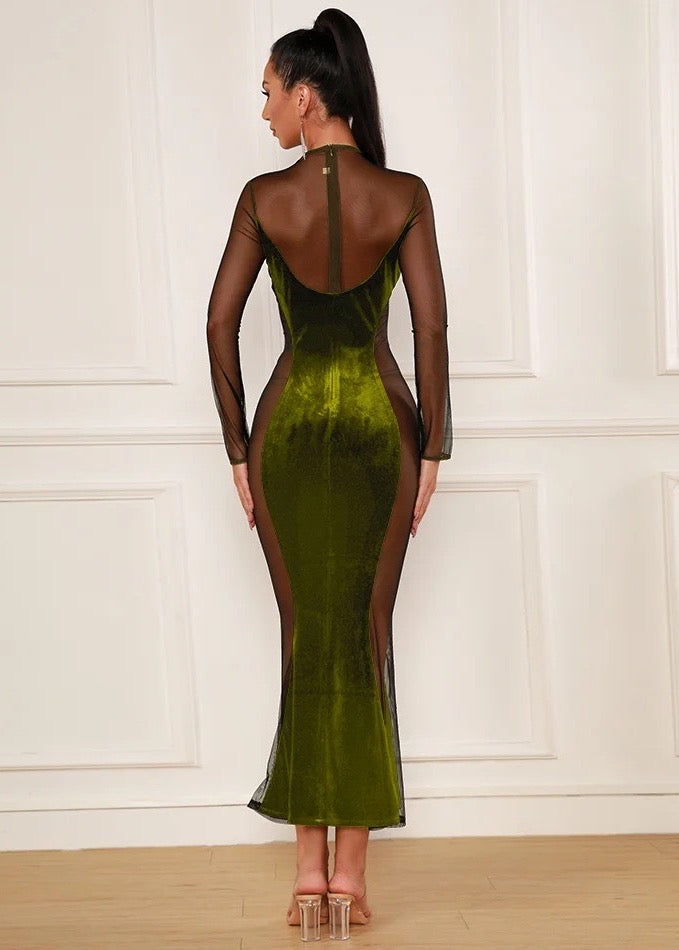 Mesh Insert Long Sleeved Velvet Maxi Dress