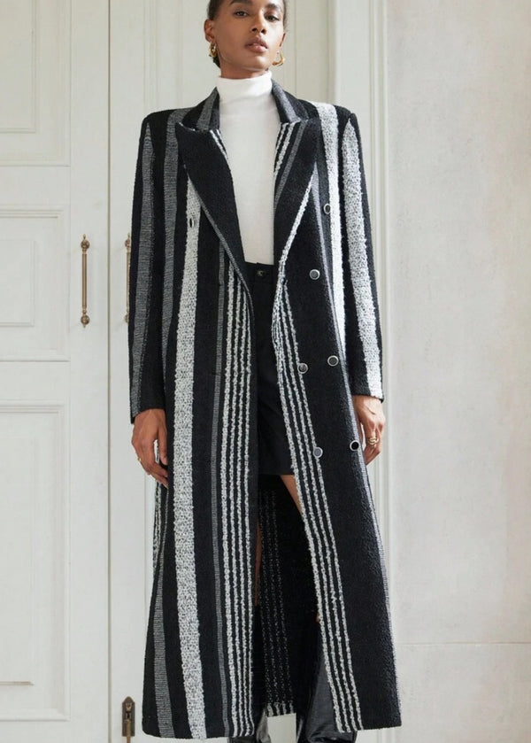 Lapel Collar Double Breasted Striped Coat
