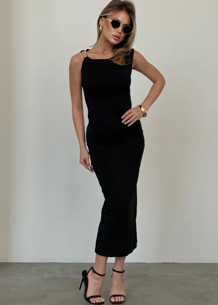 Draped Midi Dress with Gold Accent