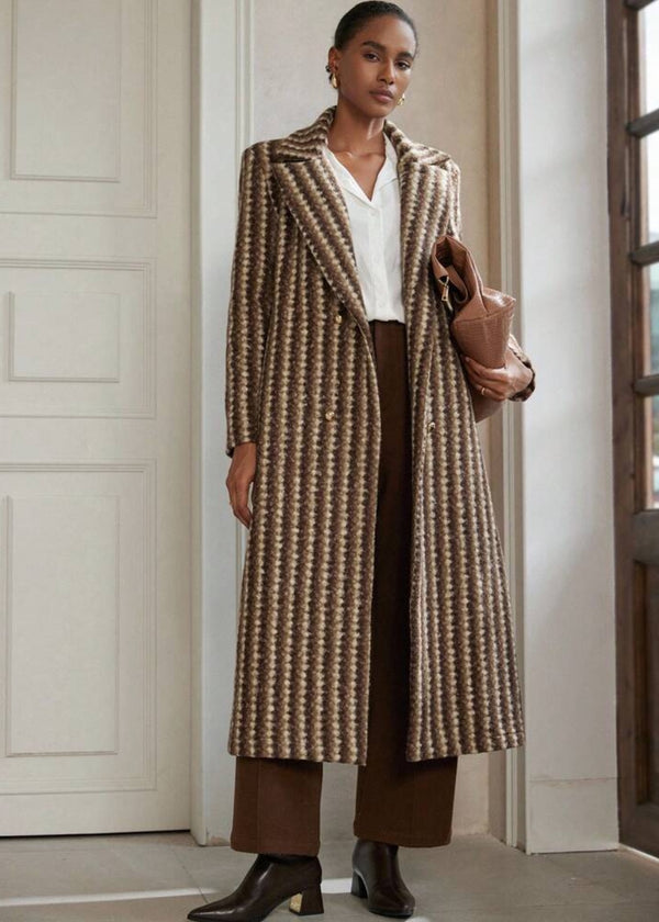 Lapel Collar Double Breasted Striped Coat