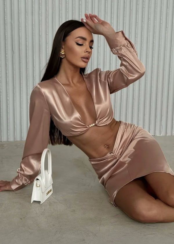 V-Neck Long Sleeve Satin Crop Top