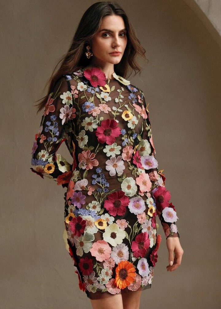 Floral Appliqué Open Back Mini Dress