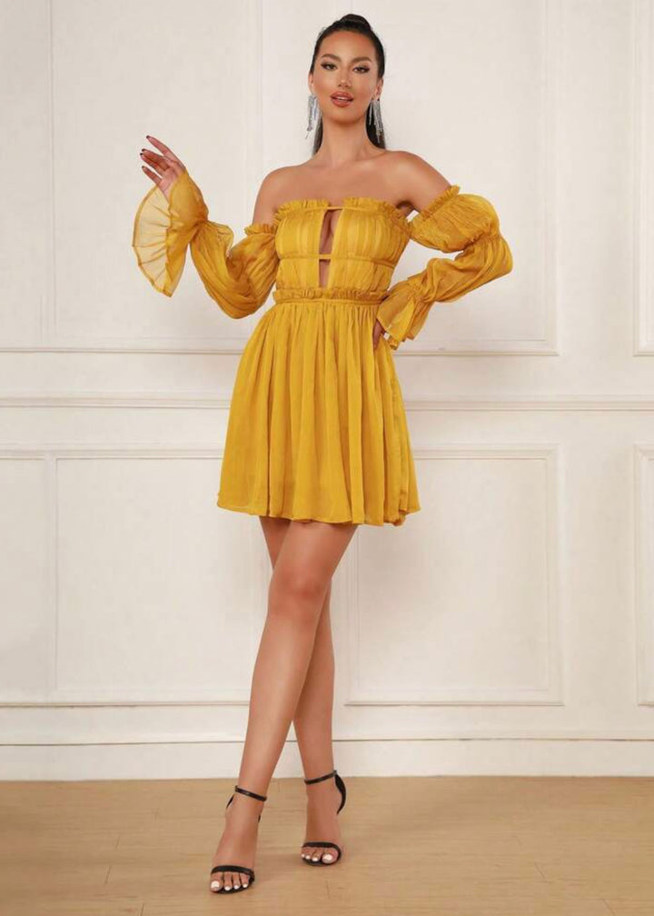 Off Shoulder Long Sleeve Mini Pleated Dress