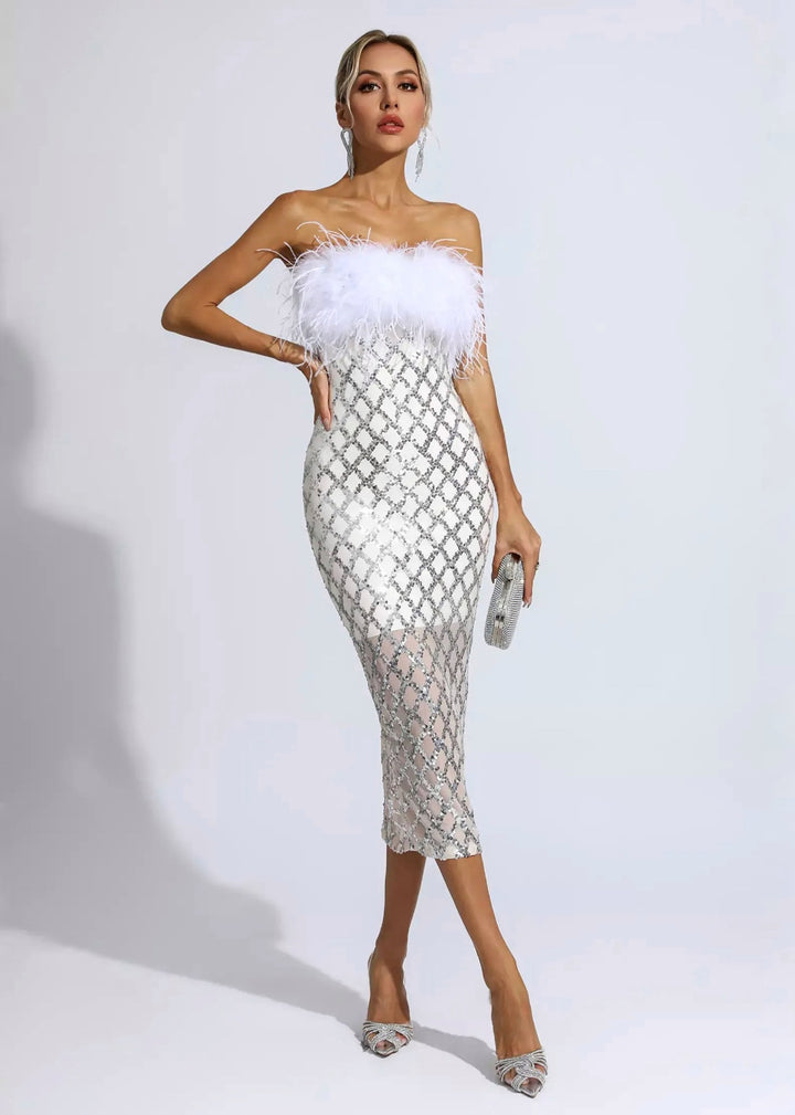 Strapless Feather Trim Sequined Bodycon Tube Dress