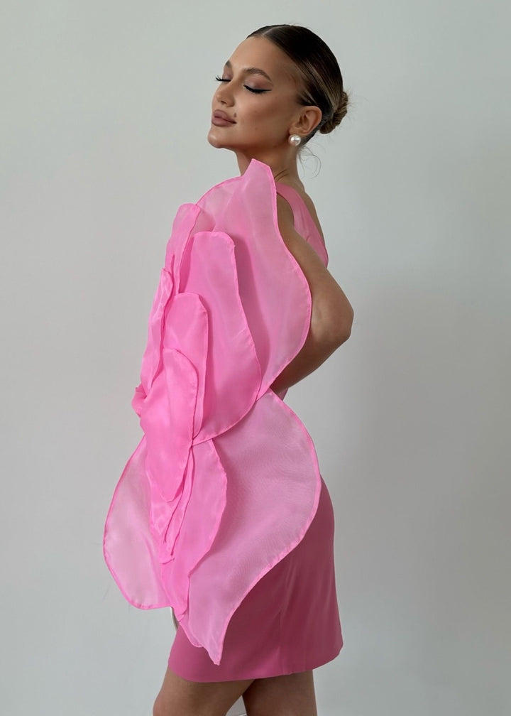 One Shoulder Big Flower Detail Mini Dress