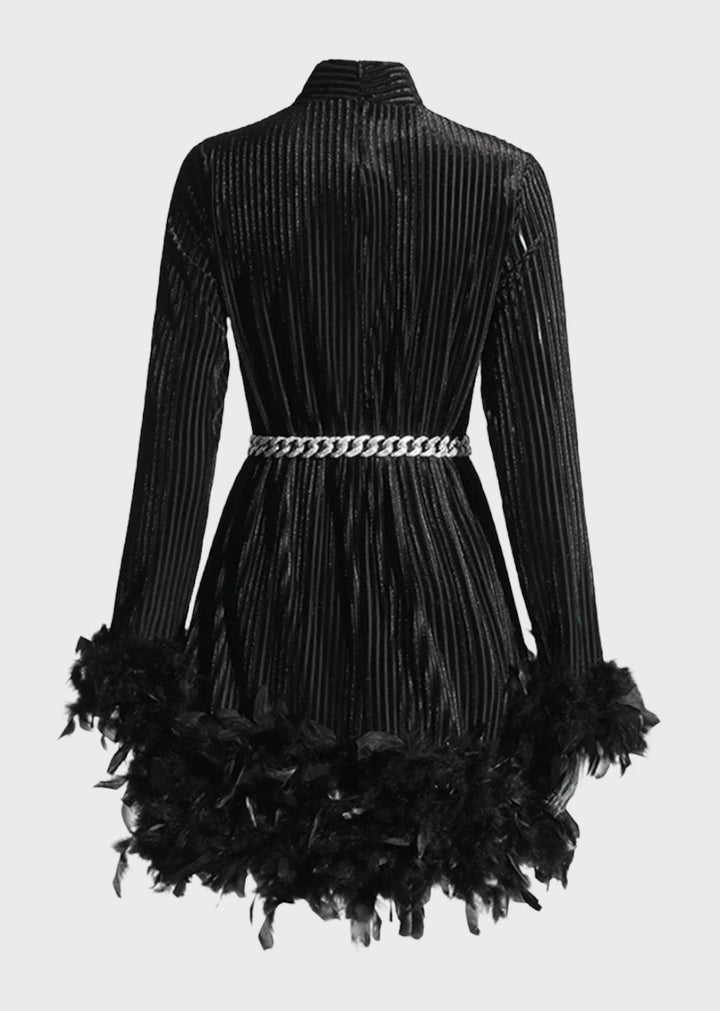 Mashika Feather Trim Mock Neck Velvet Dress