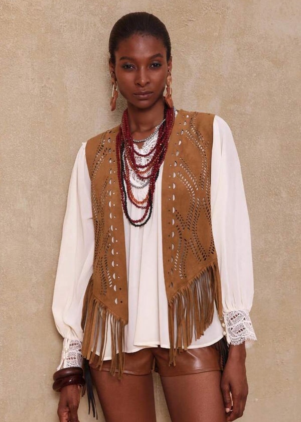Geometric Cutout Suede Fringe Vest