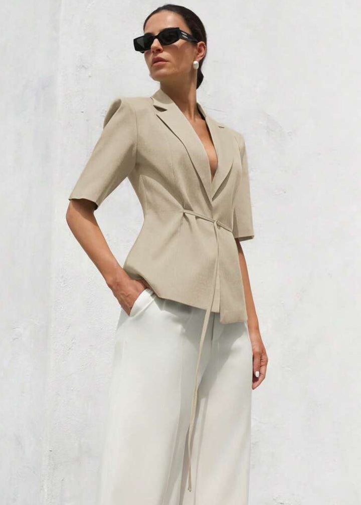 Lapel Neck Short Sleeve Tie Blazer
