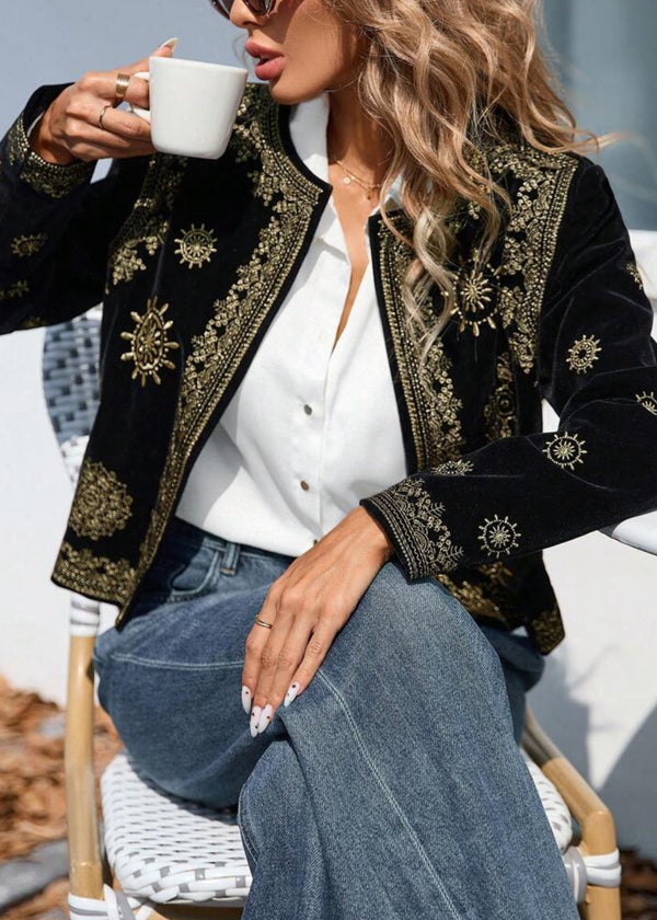 Collarless Open Front Embroidery Velvet Jacket