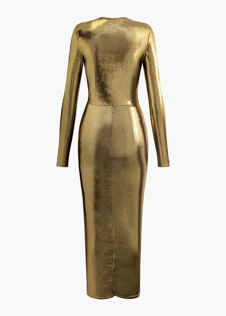 V-Neck Ruched Slit Wrap Metallic Dress