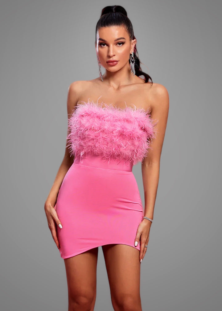 Asymmetrical Hem Fuzzy Trim Strapless Bodycon Dress