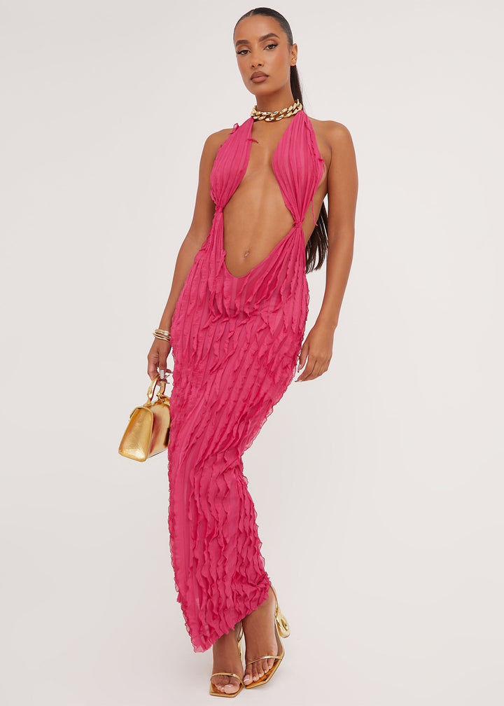 Plunging Neck Backless Halter Dress