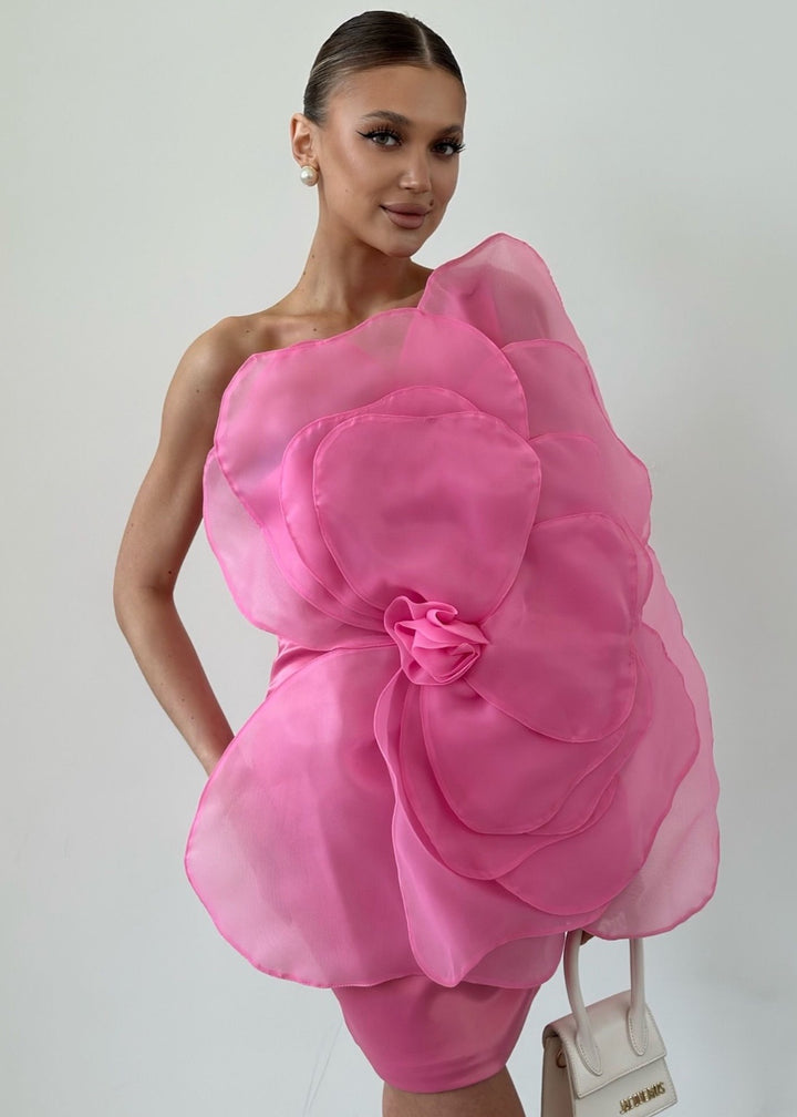 One Shoulder Big Flower Detail Mini Dress