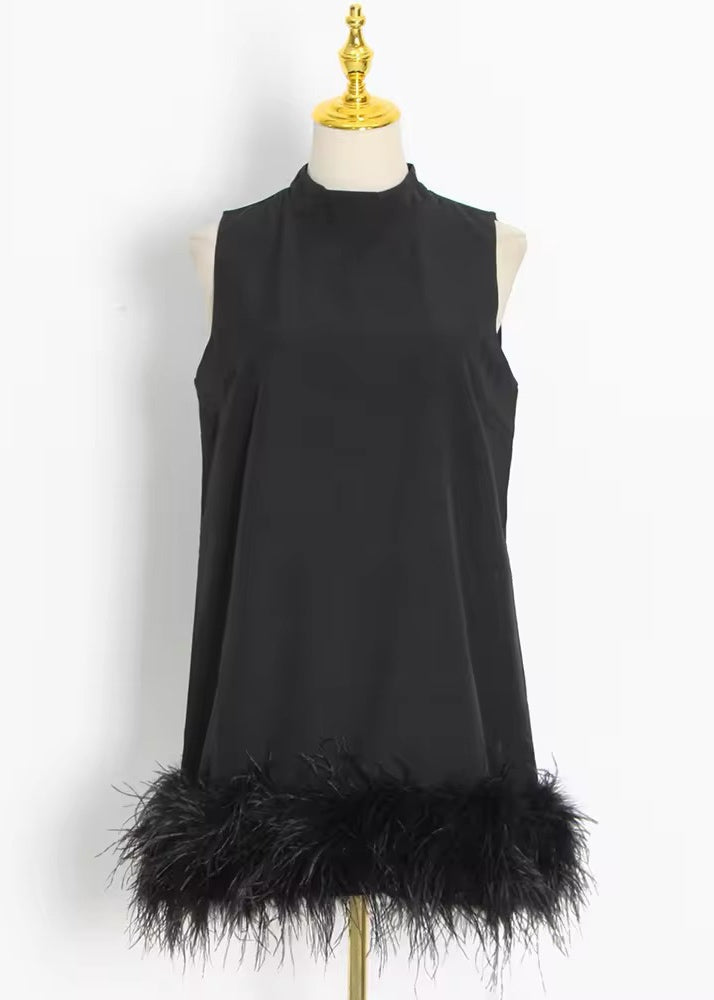 Stand Neck Fuzzy Trim Flared Mini Dress