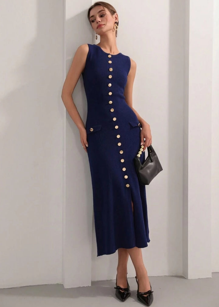Sleeveless Button-Up Rib Knit Midi Dress