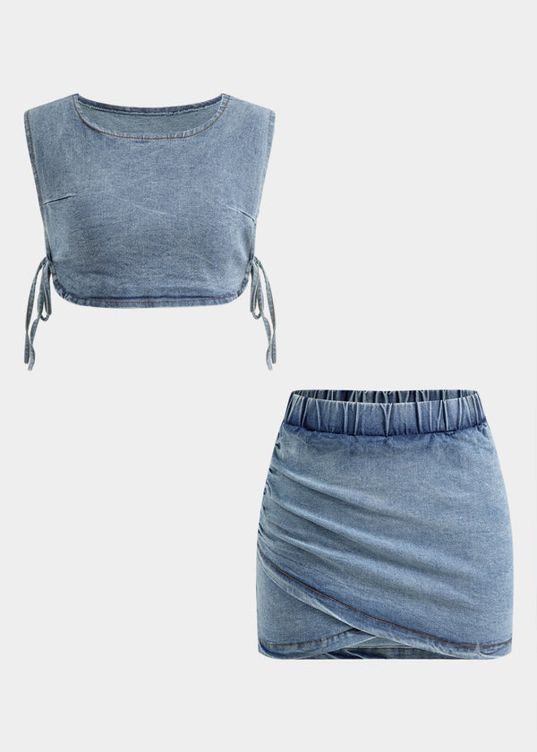 Side Slit Tie-Up Cropped Top & Ruched Skirt Denim Set