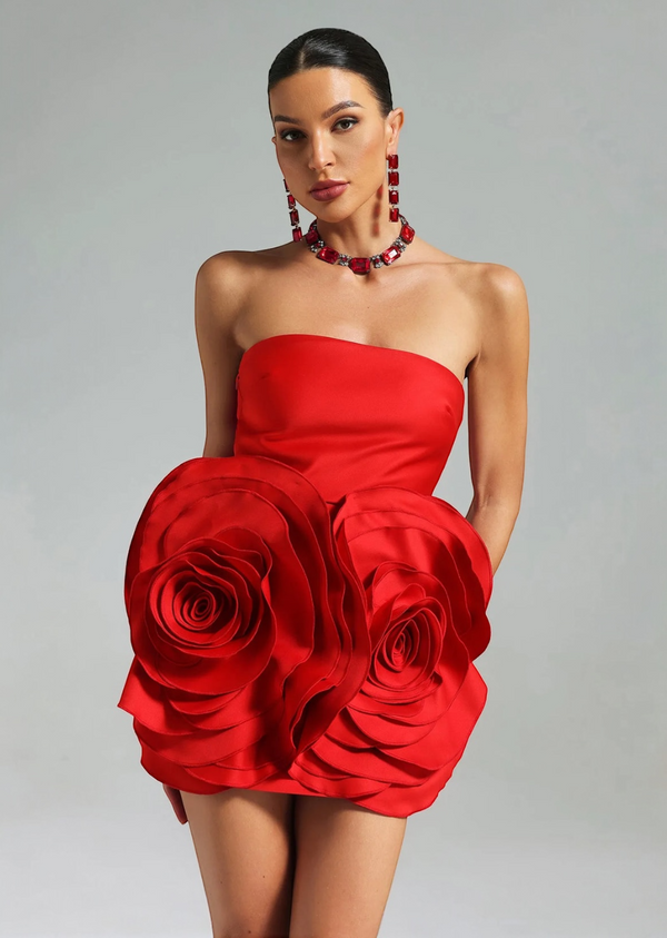 Strapless Bustier Floral Ruffle Mini Dress