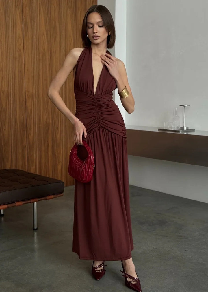 V-Neck Halter Backless Ruched Maxi Dress