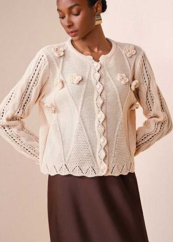 Crew Neckline Button Front Rose Knit Cardigan