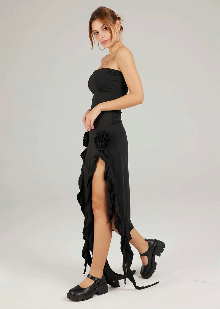 Rosette Details Ruffle Trim Split Thigh Tube Dress
