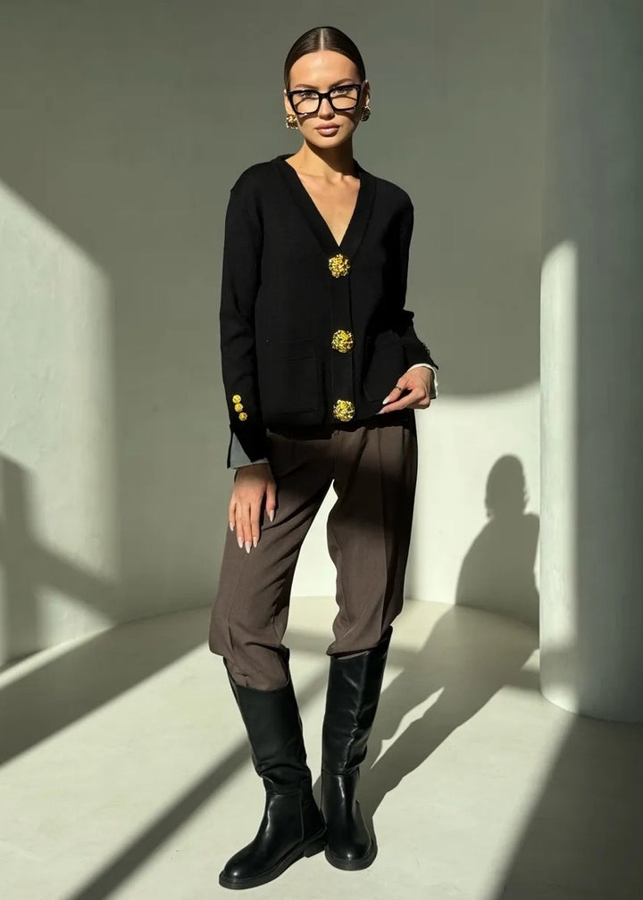 Golden Buttons Contrast Cuffs Cardigan