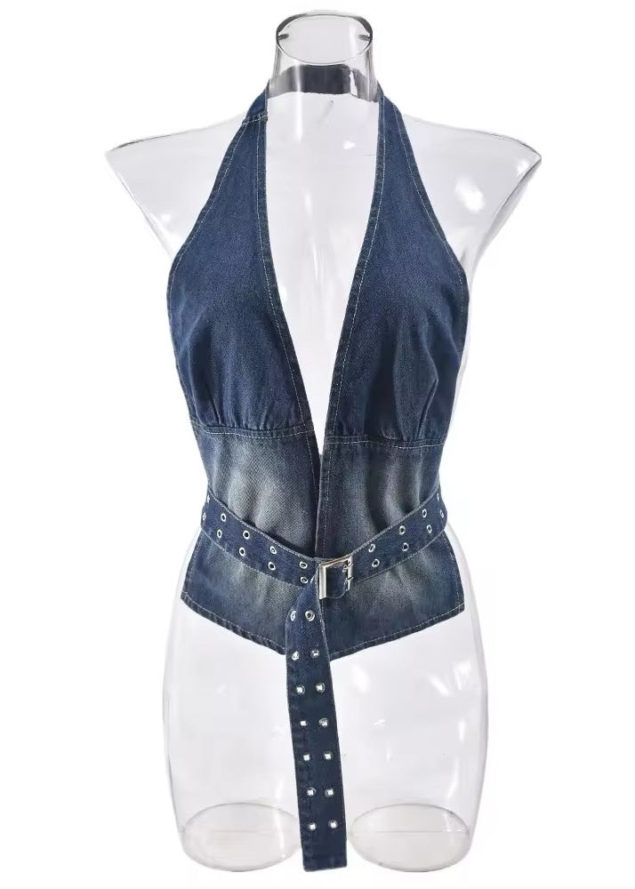 Batini Halter Backless Denim Top