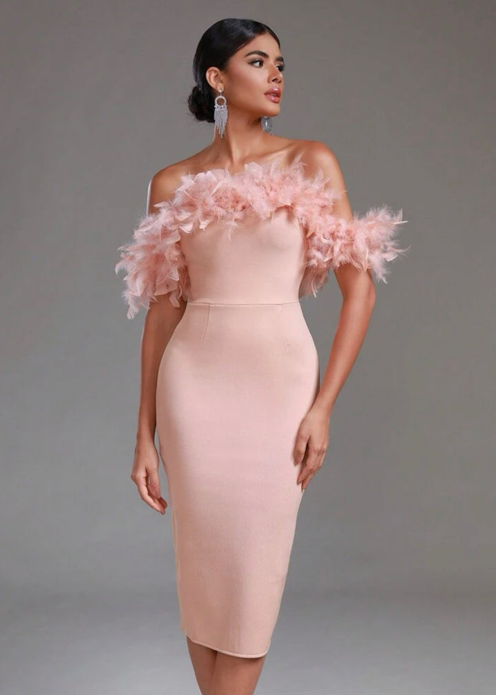 Feather Strapless Off Shoulder Bandage Midi Party Dress