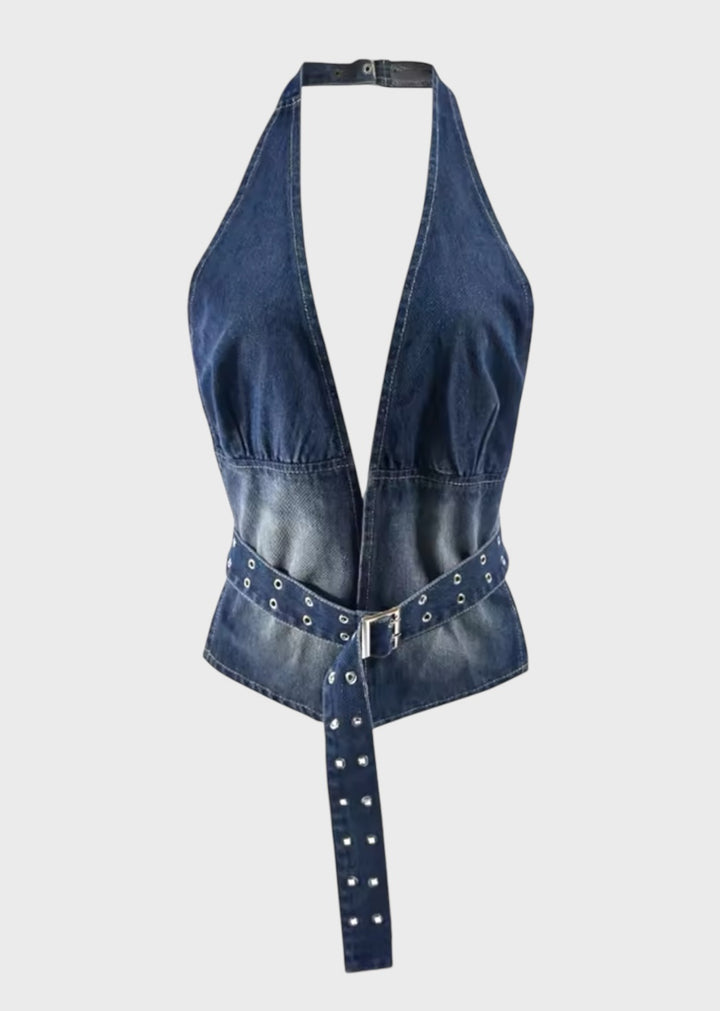 Batini Halter Backless Denim Top