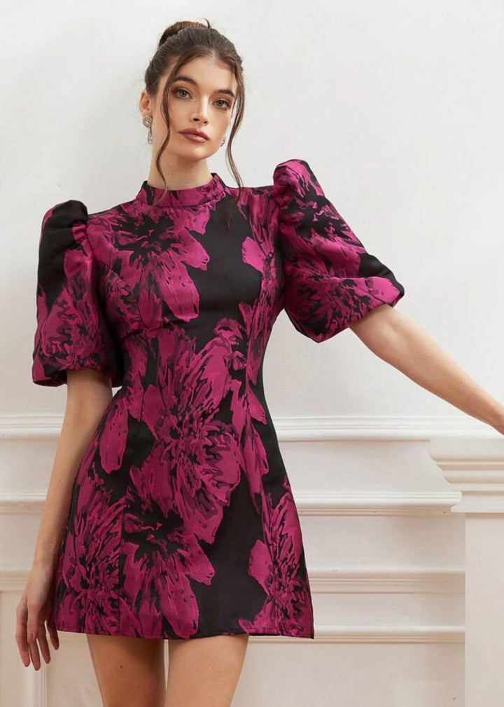 Jacquard Puff Sleeve Mock Neck Dres