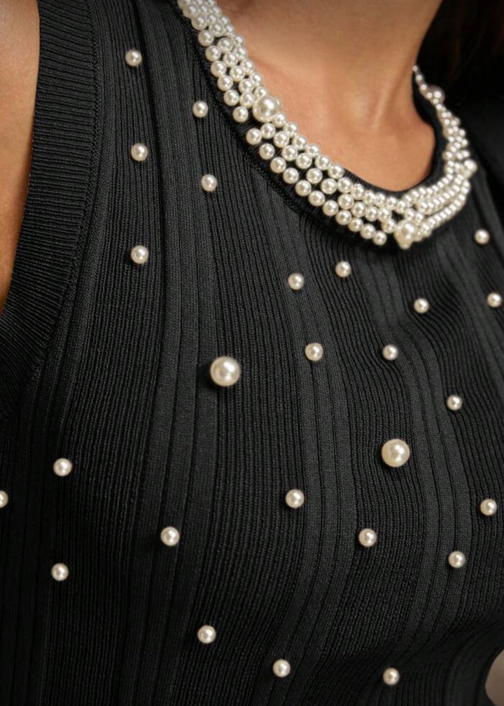 Ribbed Knit Sleeveless Faux Pearl Trim Top