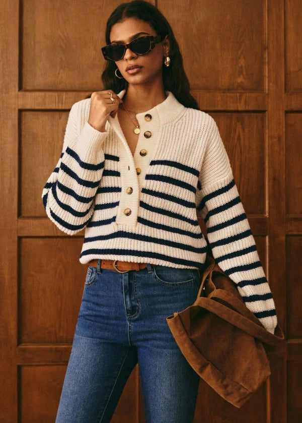 Striped Button Placket Rib Knit Sweater