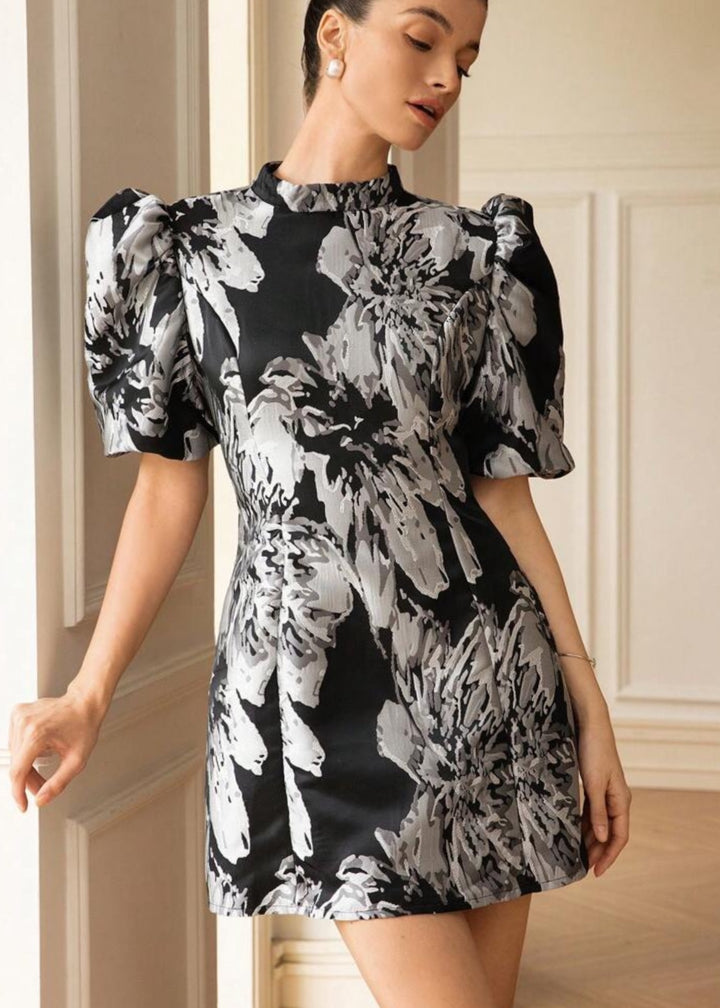 Jacquard Puff Sleeve Mock Neck Dres