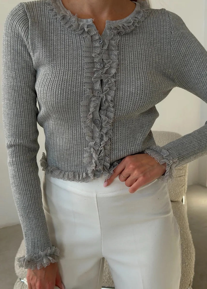 Ruffle Edge Long Sleeve Ribbed Knit Top